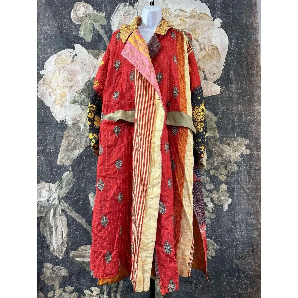Free People Multicolor Patchwork Trench Coat - Red & Gold Accents - Picture 4 of 8